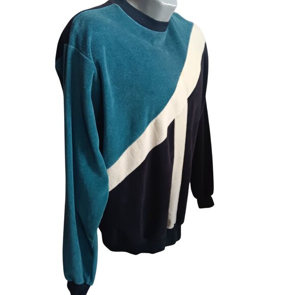 Men's XL Vintage Sweater Campus Velour Teal Striped Retro Crewneck Pullover USA - Picture 2 of 8